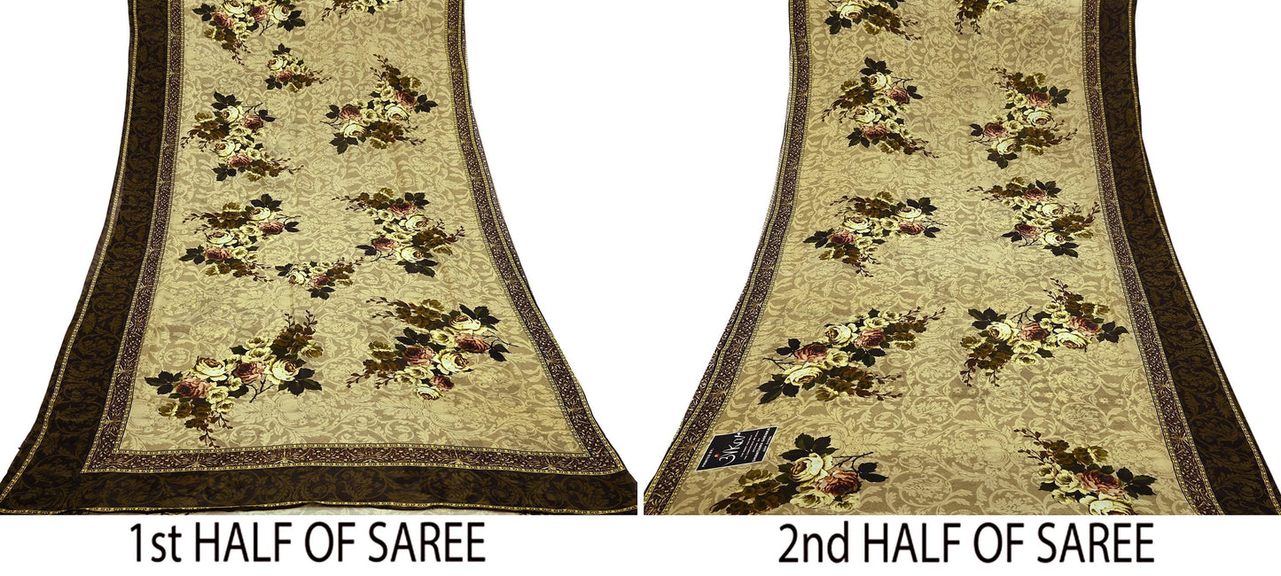 Indian Vintage Sari Beige Pure Georgette Silk Printed Sarees 5Yd Craft Fabric Sewing Quilting Dress making Crafting Quilting Upcycle