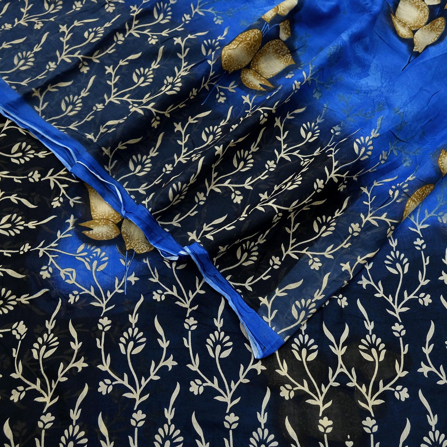 Indian Vintage Blue & Black Saree Printed Pure Cotton Sari Craft Fabric 5Yd Soft Sewing Sarong Wrap Boho Floral Dress Making Quilting