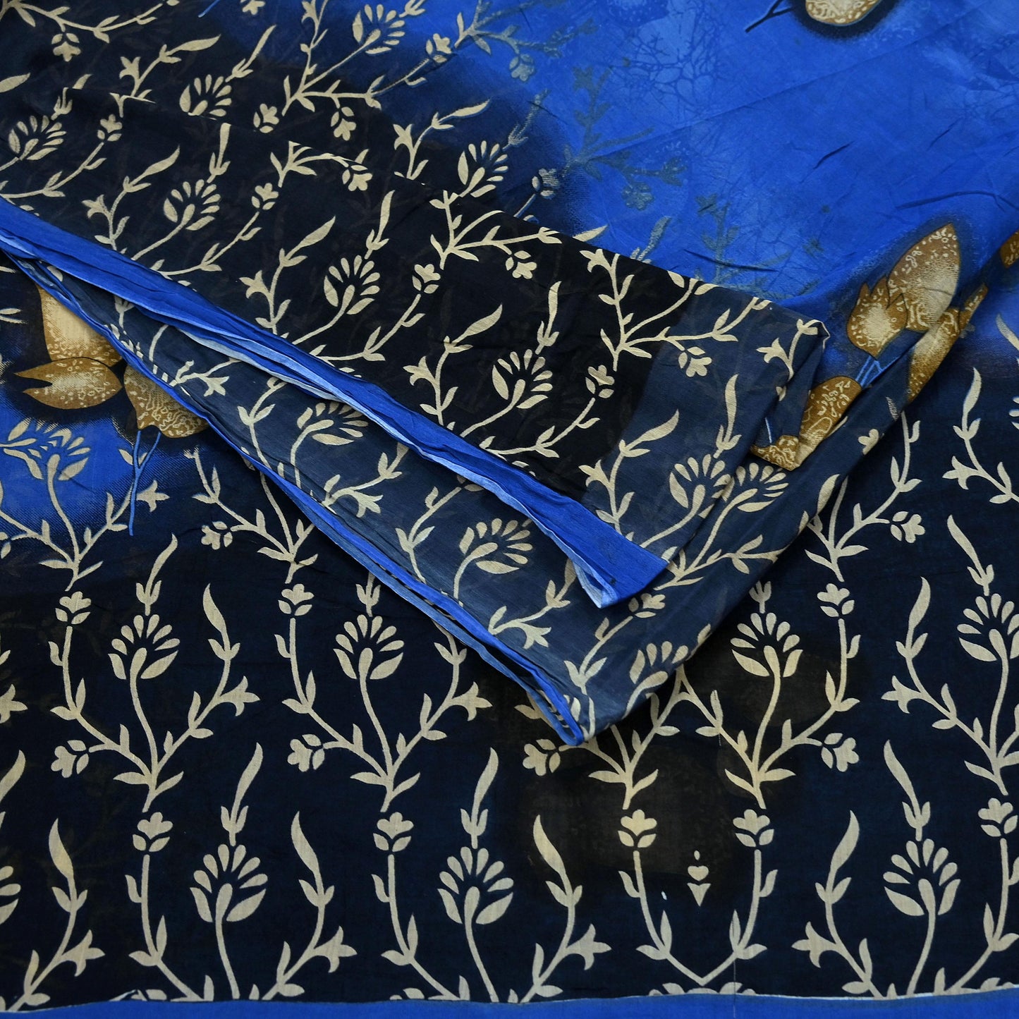 Indian Vintage Blue & Black Saree Printed Pure Cotton Sari Craft Fabric 5Yd Soft Sewing Sarong Wrap Boho Floral Dress Making Quilting