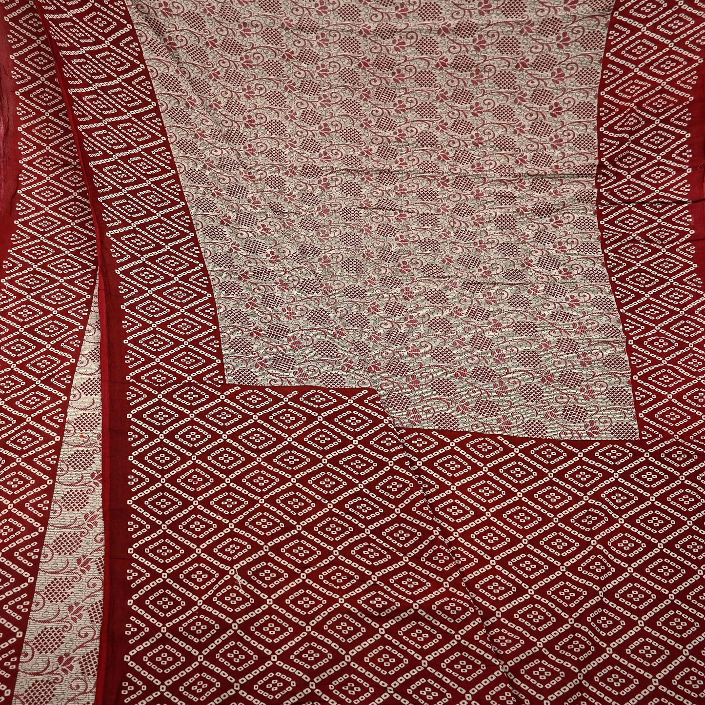 Indian Vintage Sari Maroon & Beige Pure Cotton Bandhani Printed Sarees 5yd Sewing Craft Fabric Dress Making Soft Sarong Quilting Crafting