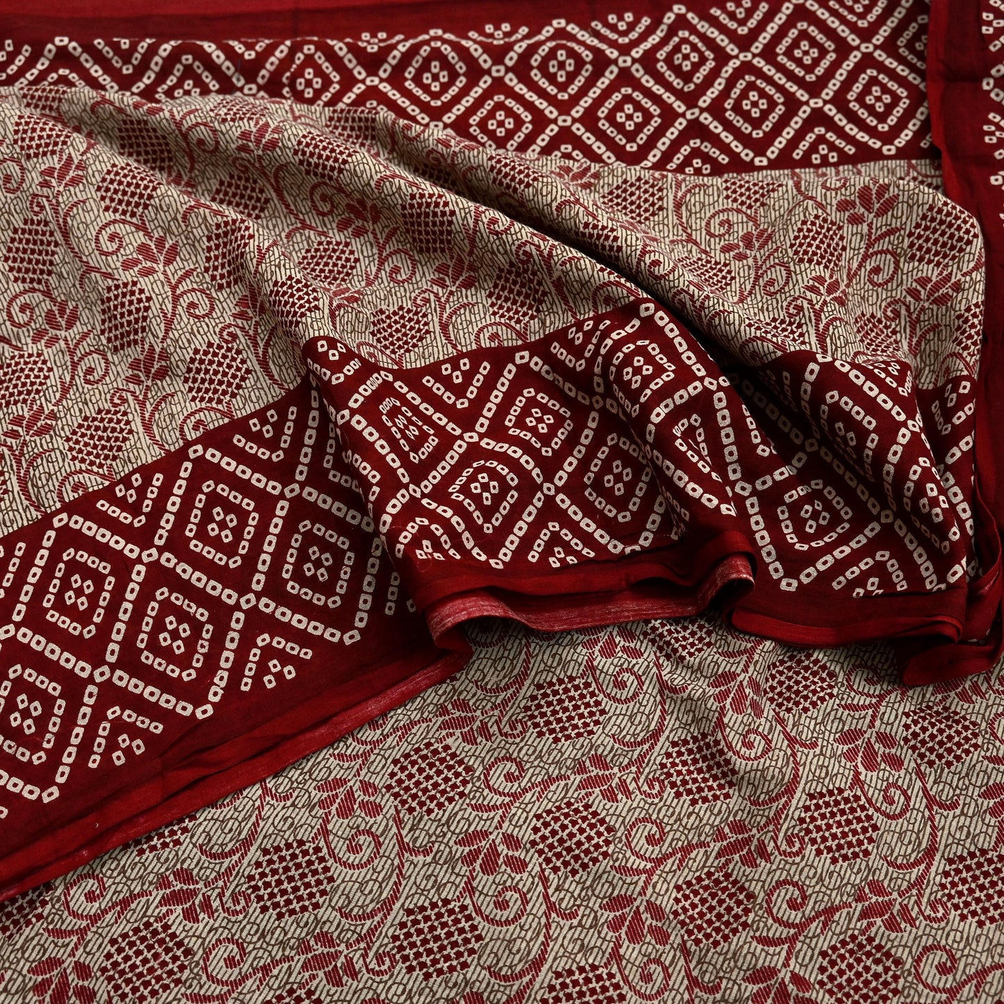 Indian Vintage Sari Maroon & Beige Pure Cotton Bandhani Printed Sarees 5yd Sewing Craft Fabric Dress Making Soft Sarong Quilting Crafting