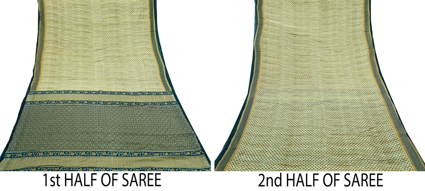 Indian Vintage Sari Beige & Green Pure Cotton Printed Sarees Craft Fabric Soft 5Yd Sarong Wrap Boho Fabric Kimono Quilting Crafting Upcycle