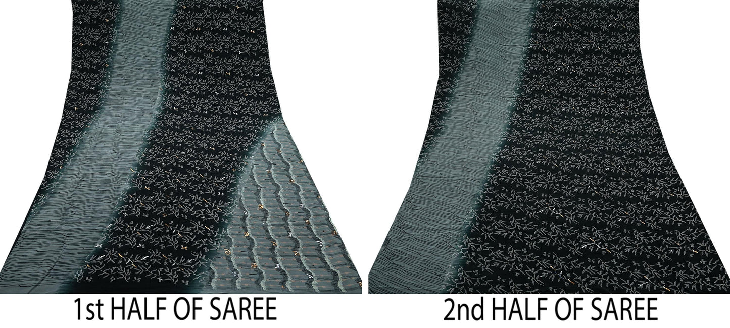 Indian Vintage Sari Black & Gray Pure Crepe Silk Hand Embroidered Saree 5yd Sewing Floral Craft Sequins Dress making Crafting Quilting