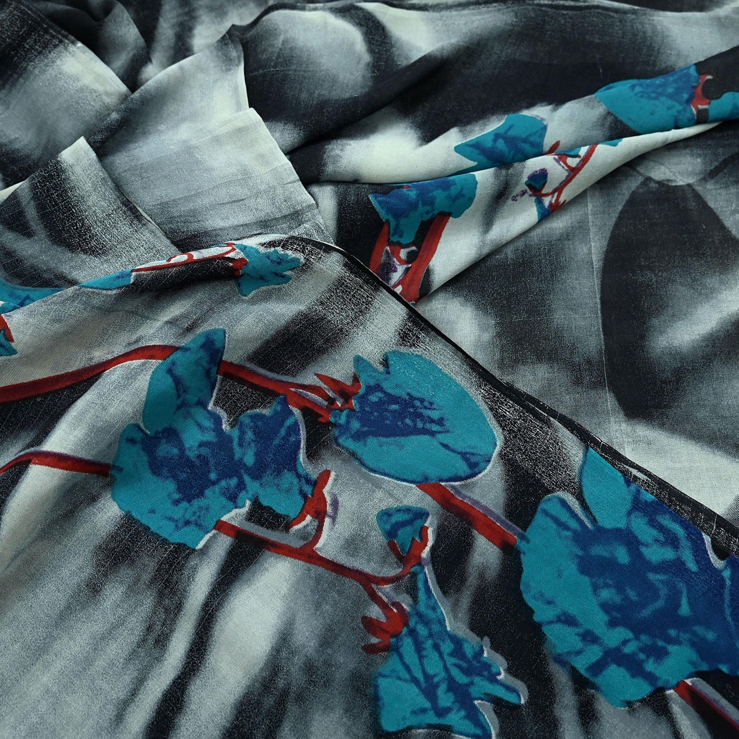 Women Indian Vintage Sari Gray & Black Pure Georgette Silk Printed Sarees Craft Fabric Sewing 5Yd Soft Dress Making Floral Quilting Crafting