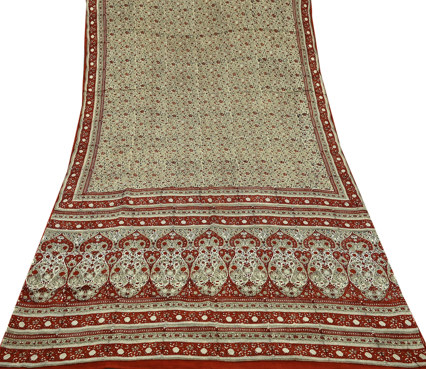 Indian Vintage Sari Beige 100% Pure Silk Block Printed Saree Craft Fabric 5yd Sewing DressMaking Soft Floral Dress making Crafting Quilting