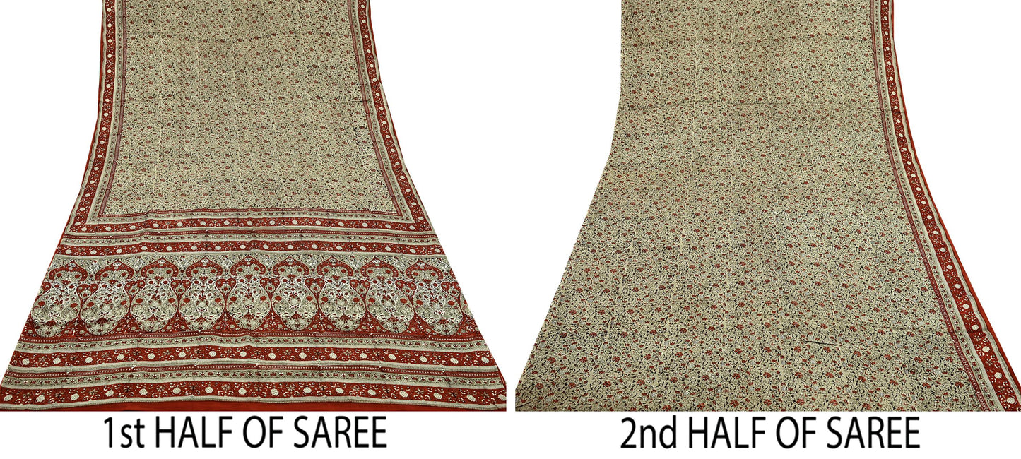 Indian Vintage Sari Beige 100% Pure Silk Block Printed Saree Craft Fabric 5yd Sewing DressMaking Soft Floral Dress making Crafting Quilting