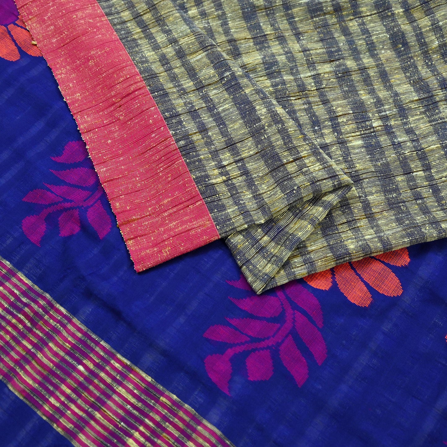 Indian Vintage Sari Beige & Blue Pure Cotton Hand Woven Sarees Craft Fabric 5yd Ethnic Crafting Quilting Dress Making Matching Blouse Fabric