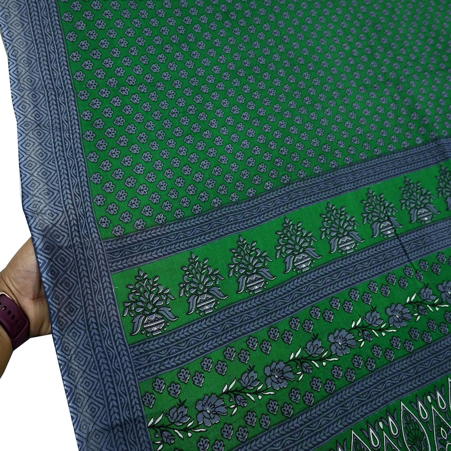 Indian Vintage Green & Gray Saree Printed Pure Cotton Sari Craft Fabric 5Yd Sewing Soft Sarong Wrap Boho Floral Quilting Crafting