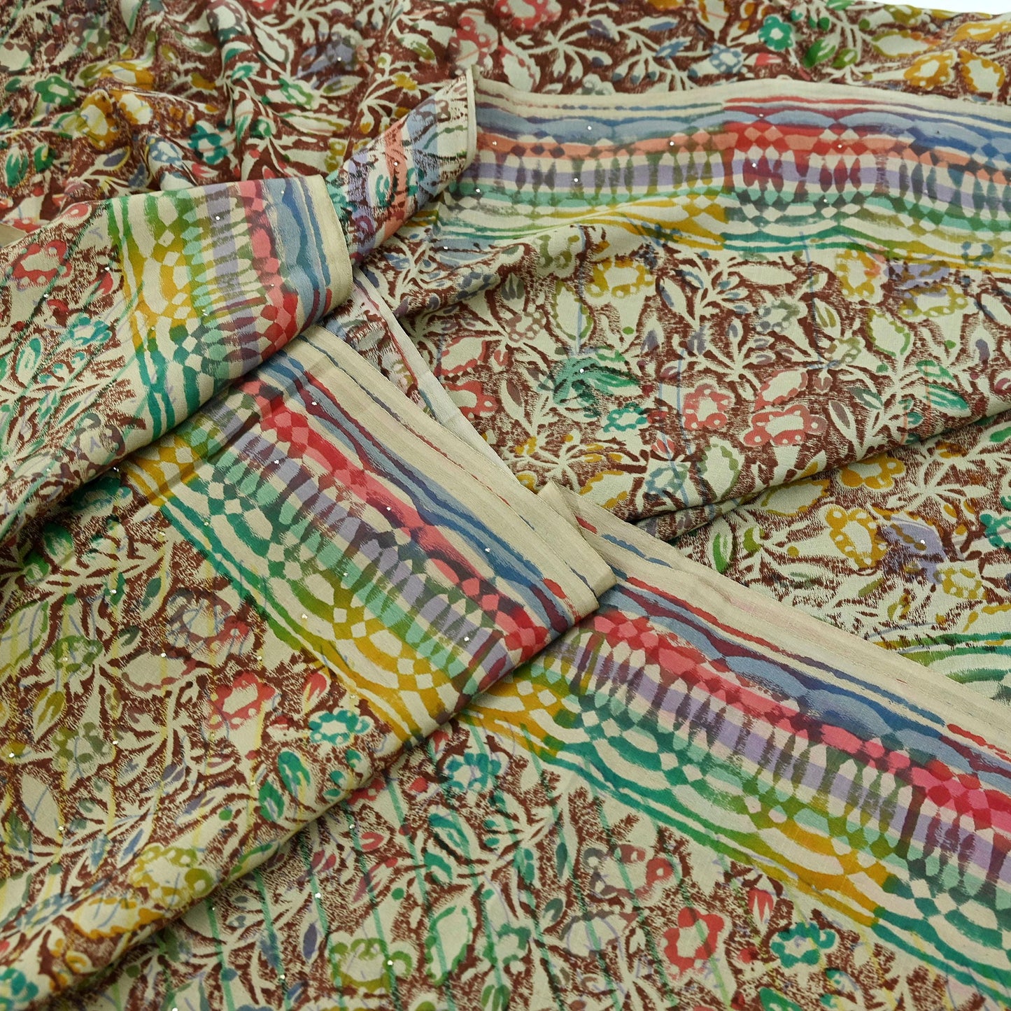 Indian Vintage Sari Multi Pure Crepe Silk Block Printed Mukesh Saree 5yd Sewing Floral Soft Craft Fabric Wrap Dress making Crafting Quilting