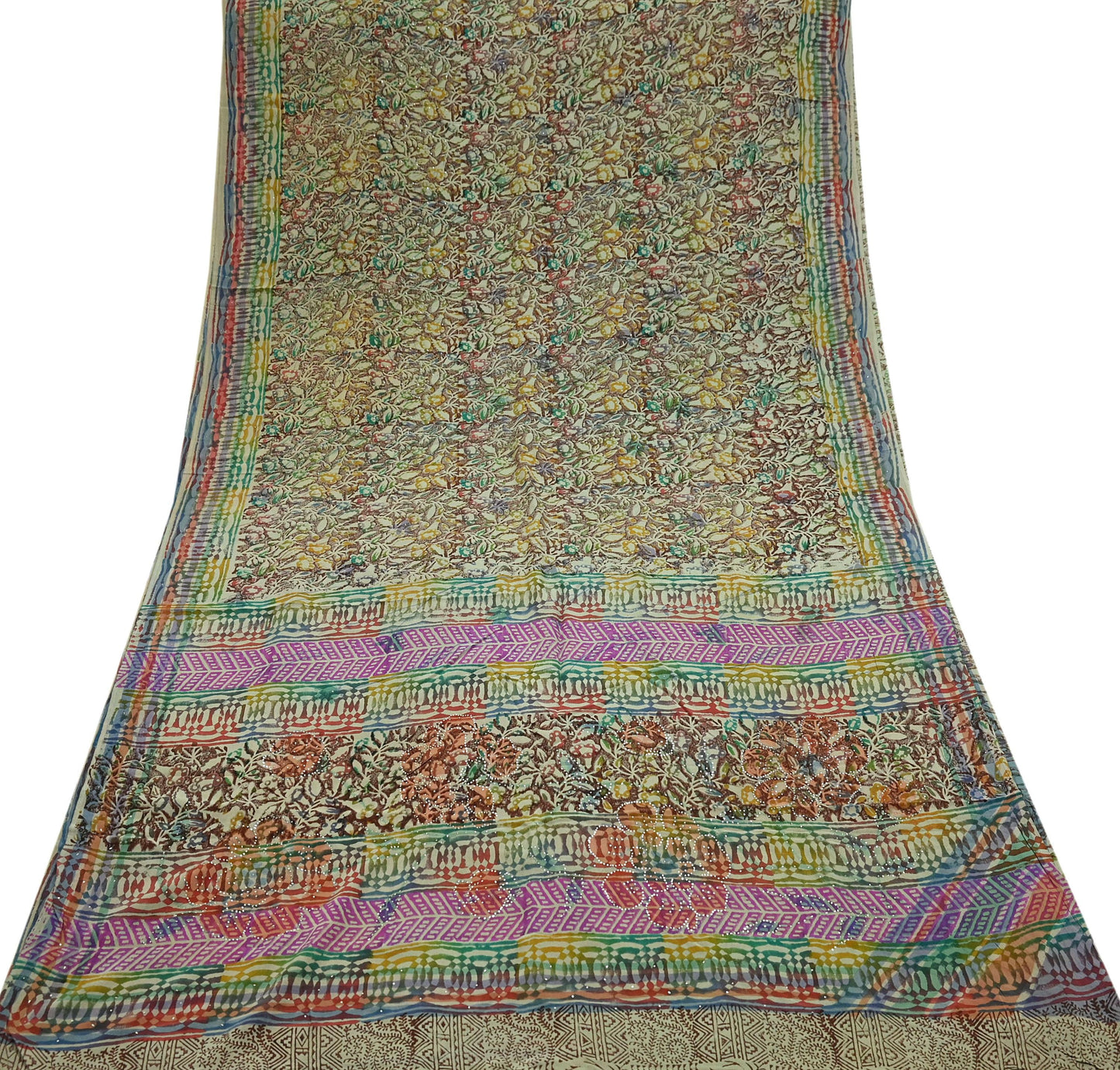 Indian Vintage Sari Multi Pure Crepe Silk Block Printed Mukesh Saree 5yd Sewing Floral Soft Craft Fabric Wrap Dress making Crafting Quilting