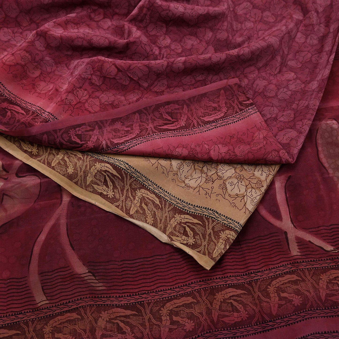 Indian Vintage Maroon & Brown Sarees Pure Crepe Silk Printed Sari 5yd Sewing Floral Soft Craft Fabric Ethnic Wrap Dress making For Crafting