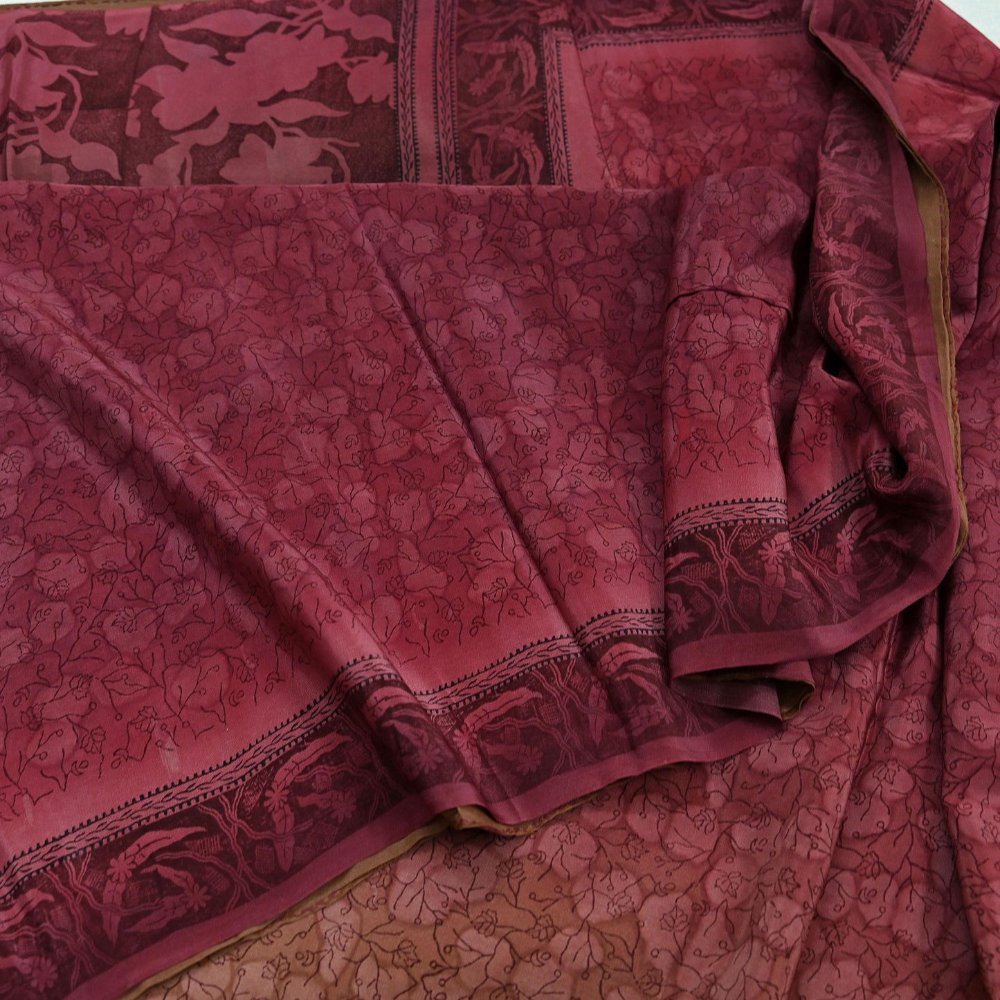Indian Vintage Maroon & Brown Sarees Pure Crepe Silk Printed Sari 5yd Sewing Floral Soft Craft Fabric Ethnic Wrap Dress making For Crafting