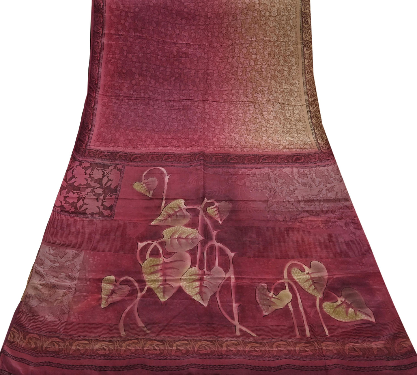 Indian Vintage Maroon & Brown Sarees Pure Crepe Silk Printed Sari 5yd Sewing Floral Soft Craft Fabric Ethnic Wrap Dress making For Crafting