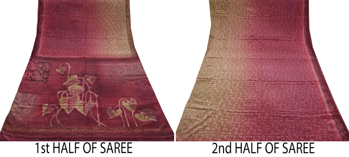 Indian Vintage Maroon & Brown Sarees Pure Crepe Silk Printed Sari 5yd Sewing Floral Soft Craft Fabric Ethnic Wrap Dress making For Crafting