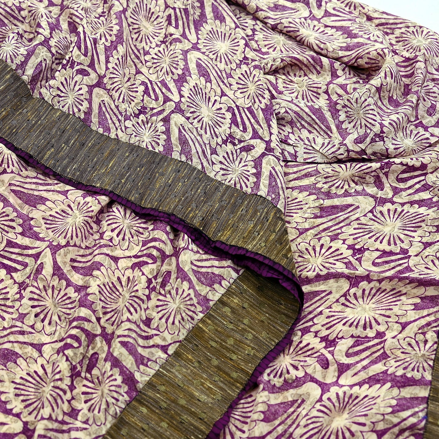 Indian Vintage Sari Ivory & Purple Saree Pure Crepe Silk Printed Sarees 5yd Sewing Floral Soft Craft Fabric Wrap Crafting Dress making