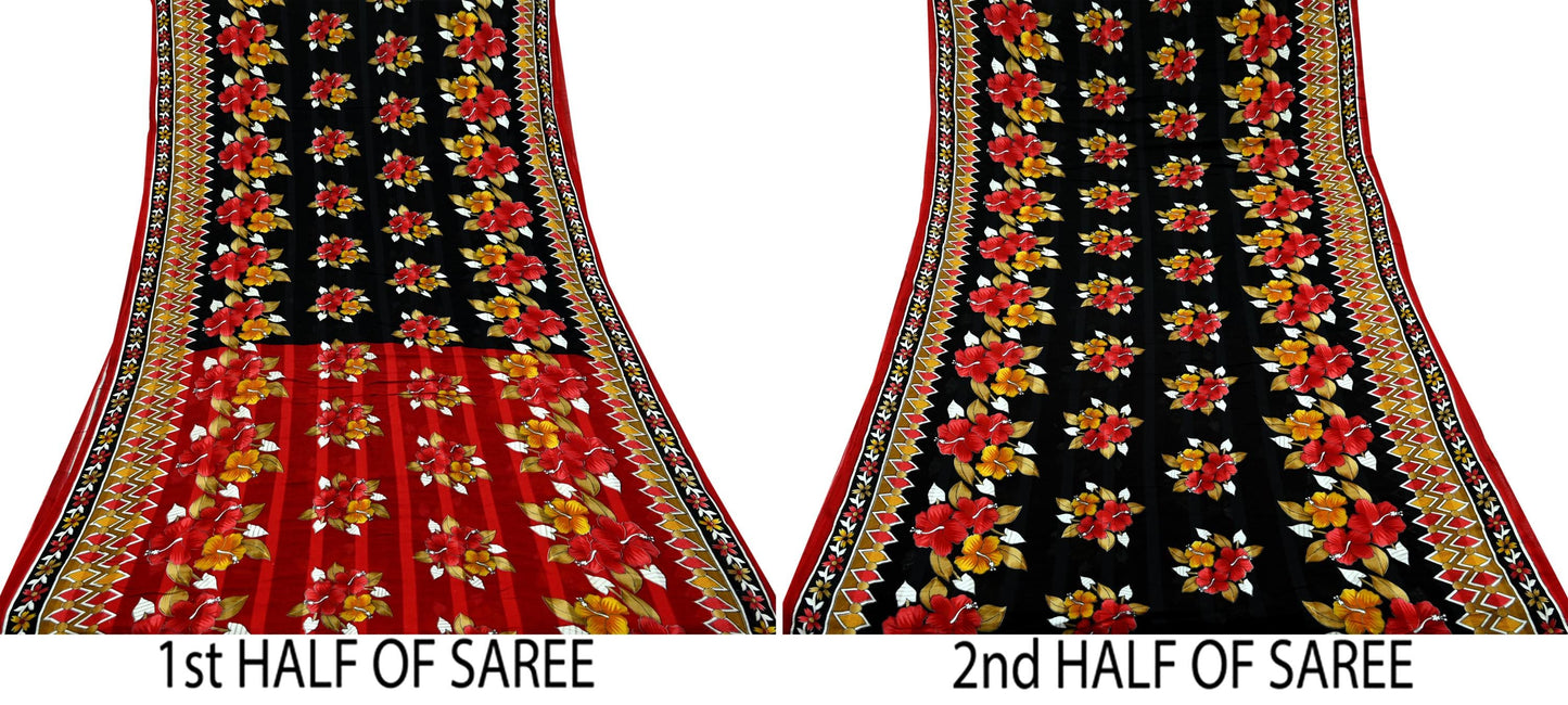 Indian Vintage Sari Red & Black Printed 100% Pure Cotton Saree Craft Fabric 5Yard Sewing Sarong Wrap Boho Floral