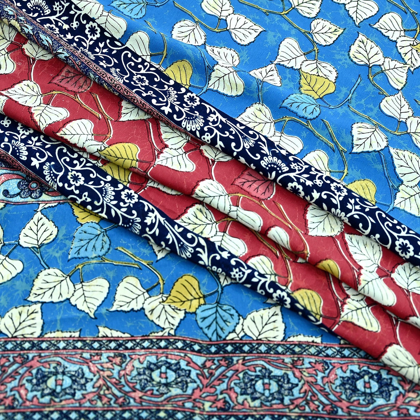Indian Vintage Pink & Blue Saree Moss Crepe Printed Sari 5yd Sewing Floral Soft Craft Fabric Dressmaking