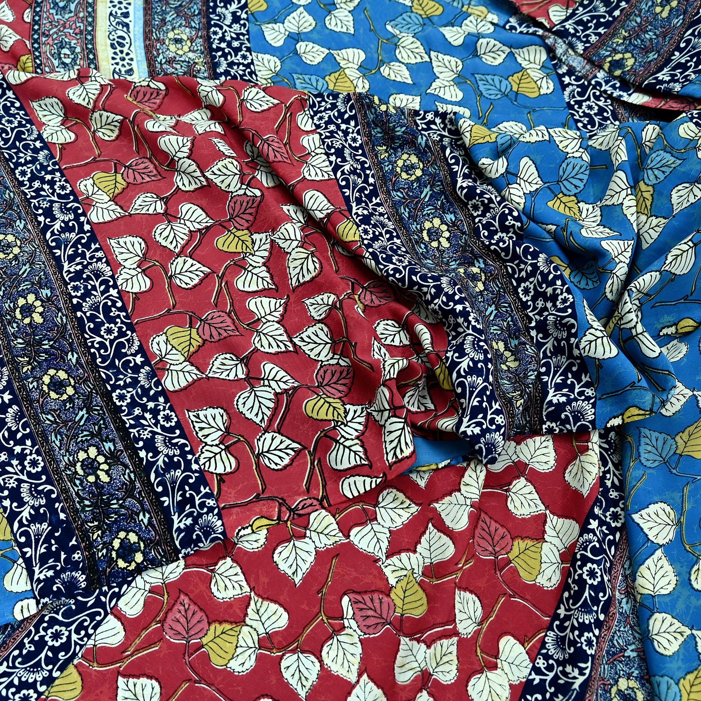 Indian Vintage Pink & Blue Saree Moss Crepe Printed Sari 5yd Sewing Floral Soft Craft Fabric Dressmaking