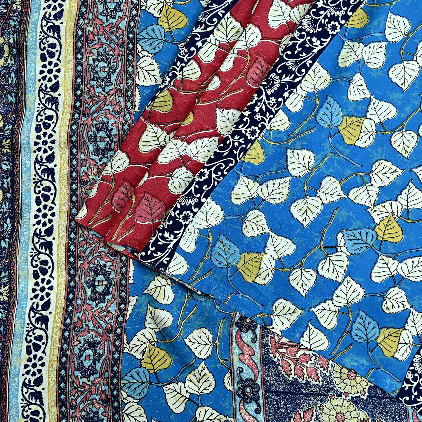 Indian Vintage Pink & Blue Saree Moss Crepe Printed Sari 5yd Sewing Floral Soft Craft Fabric Dressmaking