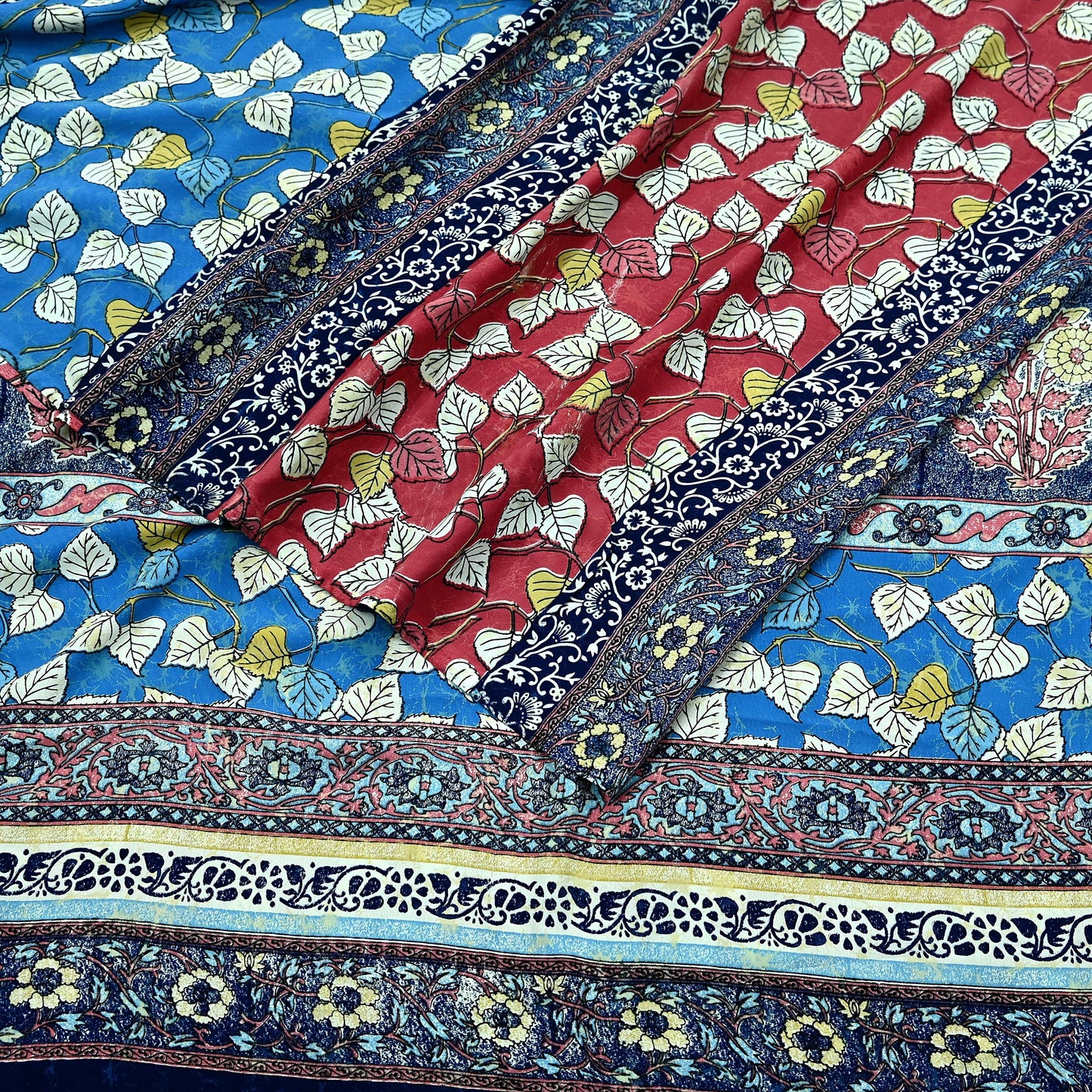 Indian Vintage Pink & Blue Saree Moss Crepe Printed Sari 5yd Sewing Floral Soft Craft Fabric Dressmaking