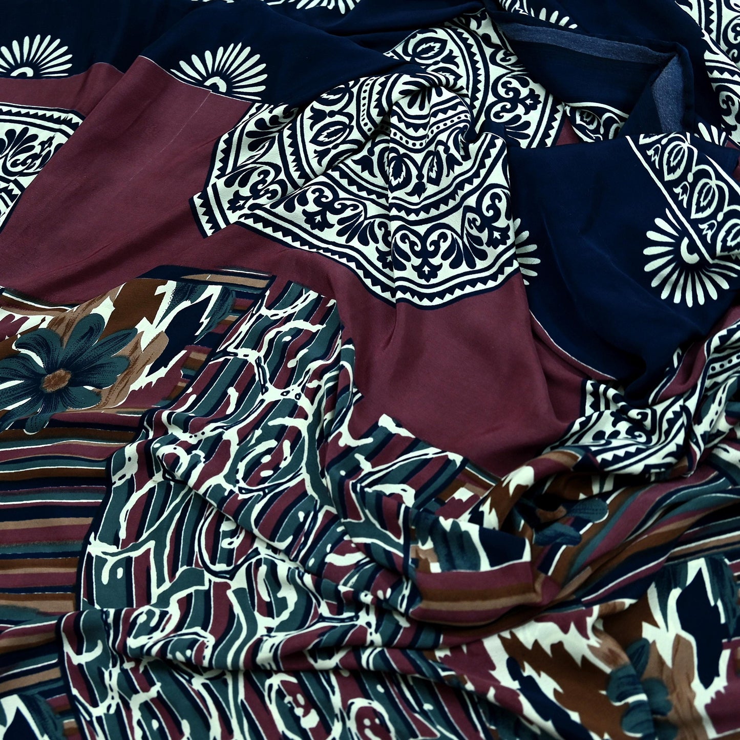 Indian Vintage Sari Pink & Blue Moss Crepe Printed Sarees Craft Fabric 5yd Sewing Floral Soft Dress making Quilting Crafting Upcycle Used