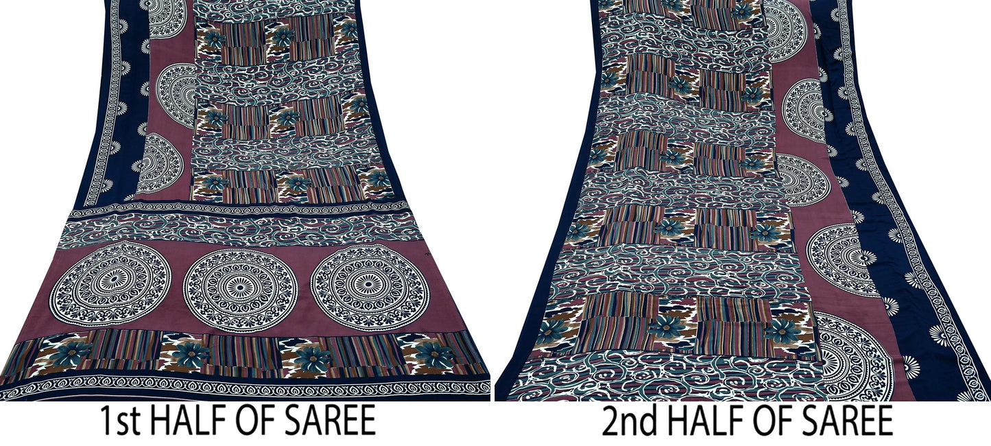 Indian Vintage Sari Pink & Blue Moss Crepe Printed Sarees Craft Fabric 5yd Sewing Floral Soft Dress making Quilting Crafting Upcycle Used