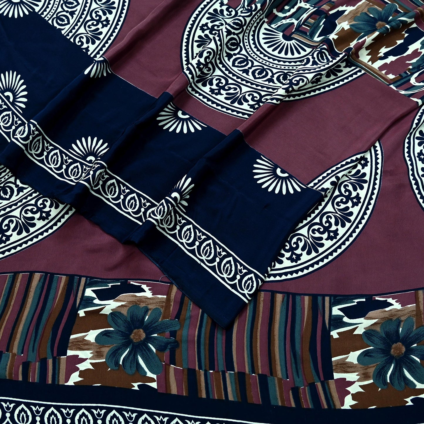Indian Vintage Sari Pink & Blue Moss Crepe Printed Sarees Craft Fabric 5yd Sewing Floral Soft Dress making Quilting Crafting Upcycle Used