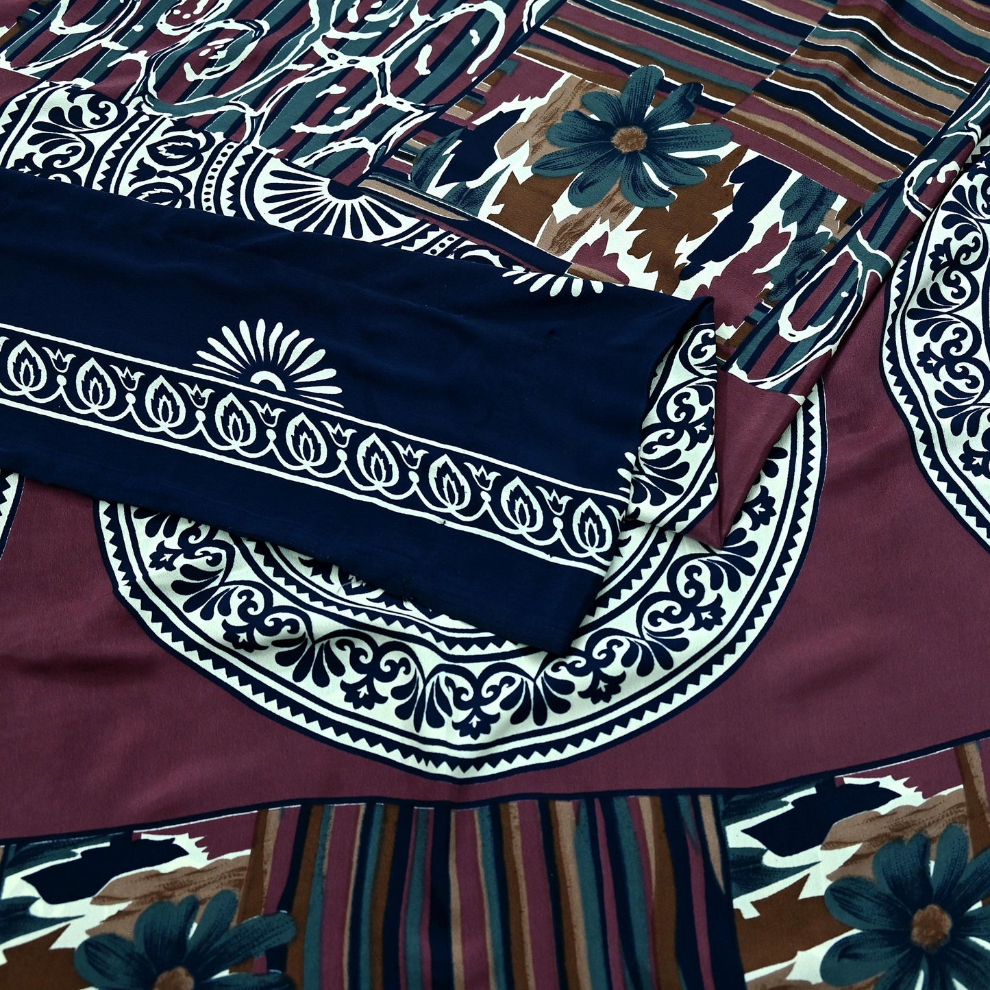 Indian Vintage Sari Pink & Blue Moss Crepe Printed Sarees Craft Fabric 5yd Sewing Floral Soft Dress making Quilting Crafting Upcycle Used