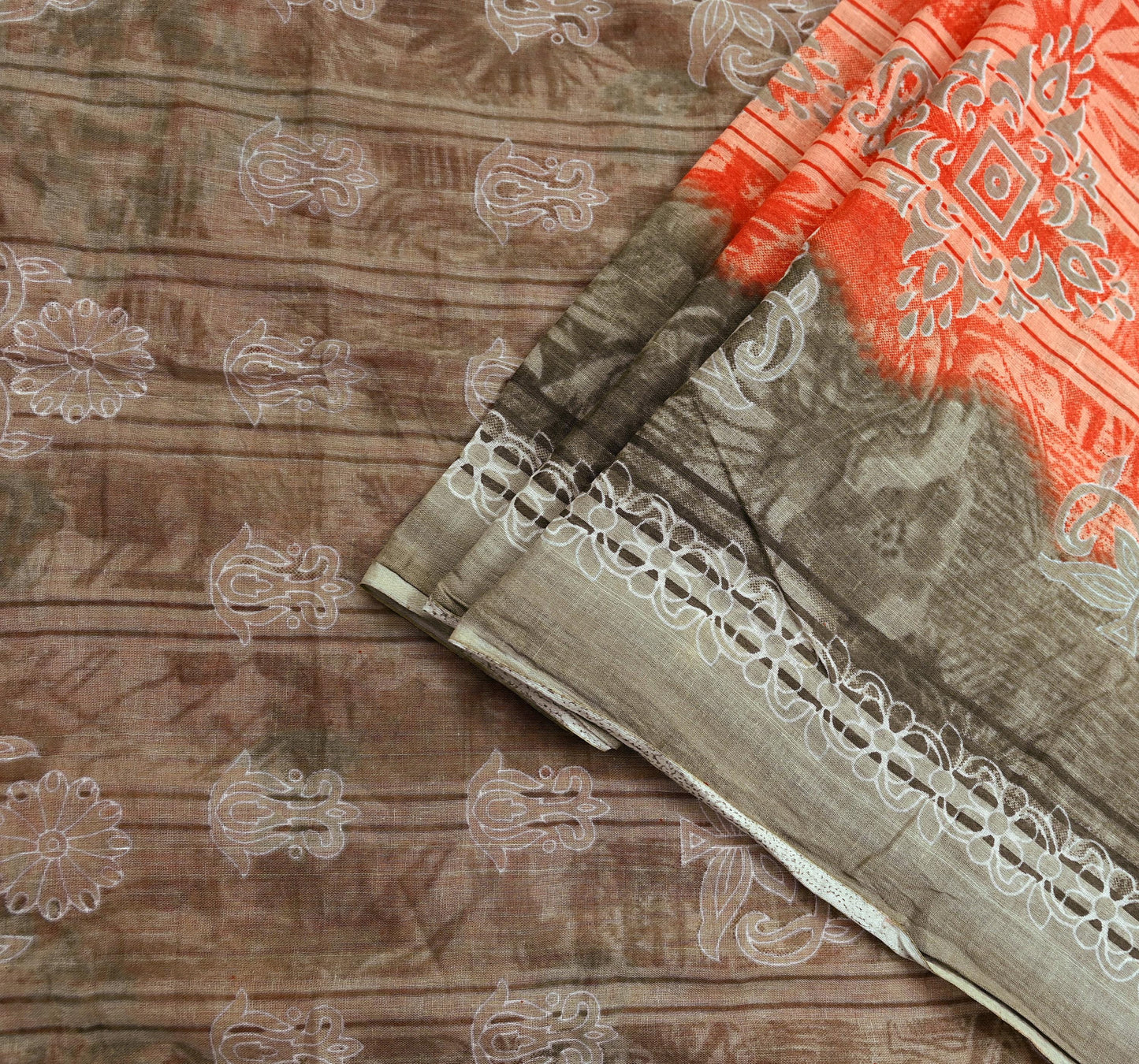 Indian Vintage Sari Brown & Peach 100% Pure Cotton Printed Sarees 5Yd Craft Fabric Sewing Sarong Wrap Boho Quilting Upcycle Dress Making