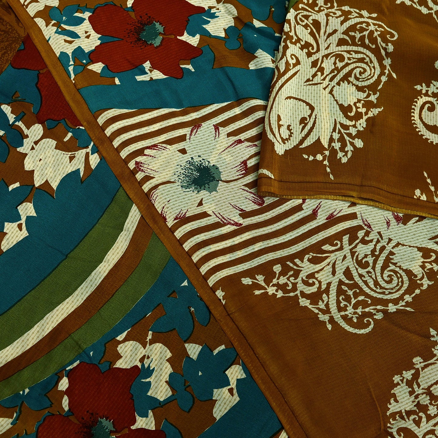 Indian Vintage Sari Green & Mustard Pure Crepe Silk Printed Sarees 5yd Sewing Floral Soft Craft Fabric Wrap Dress Making Crafting Quilting