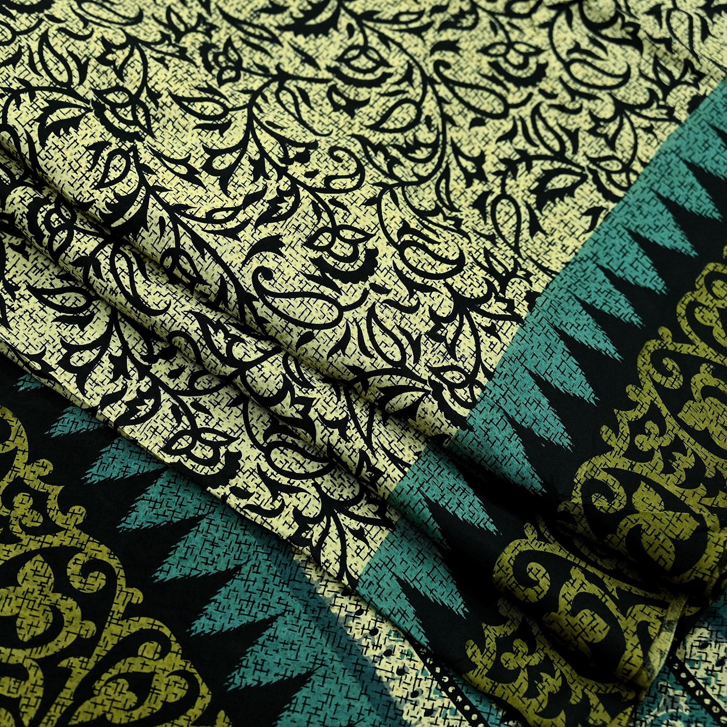 Indian Vintage Black & Beige Saree Pure Silk Printed Sari Craft Fabric 5yd Sewing Dress Making Soft Paisley Quilting Upcycle Crafting