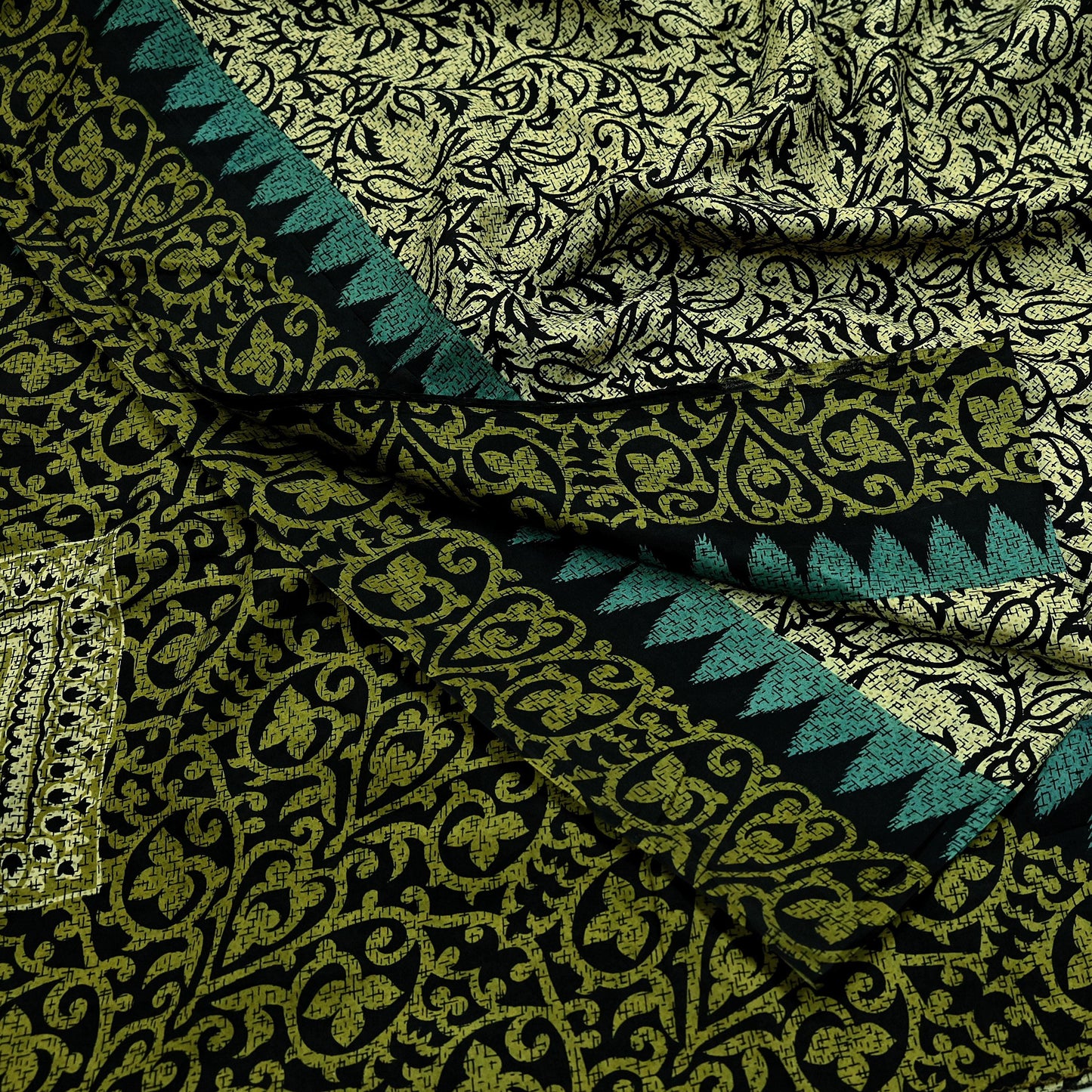 Indian Vintage Black & Beige Saree Pure Silk Printed Sari Craft Fabric 5yd Sewing Dress Making Soft Paisley Quilting Upcycle Crafting