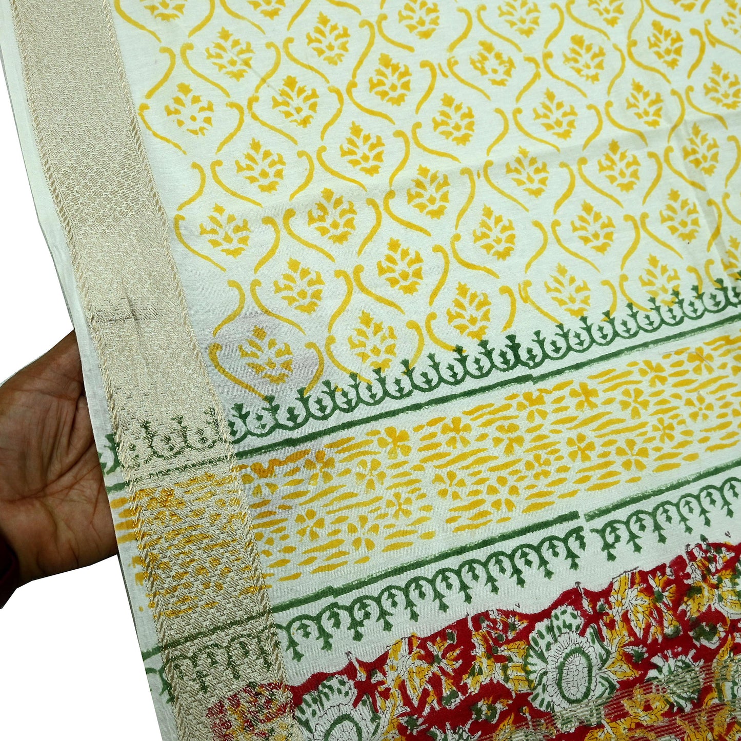 Indian Vintage Dupatta Ivory Long Stole Printed Woven Chanderi Scarf Veil Soft Floral Zari Boho