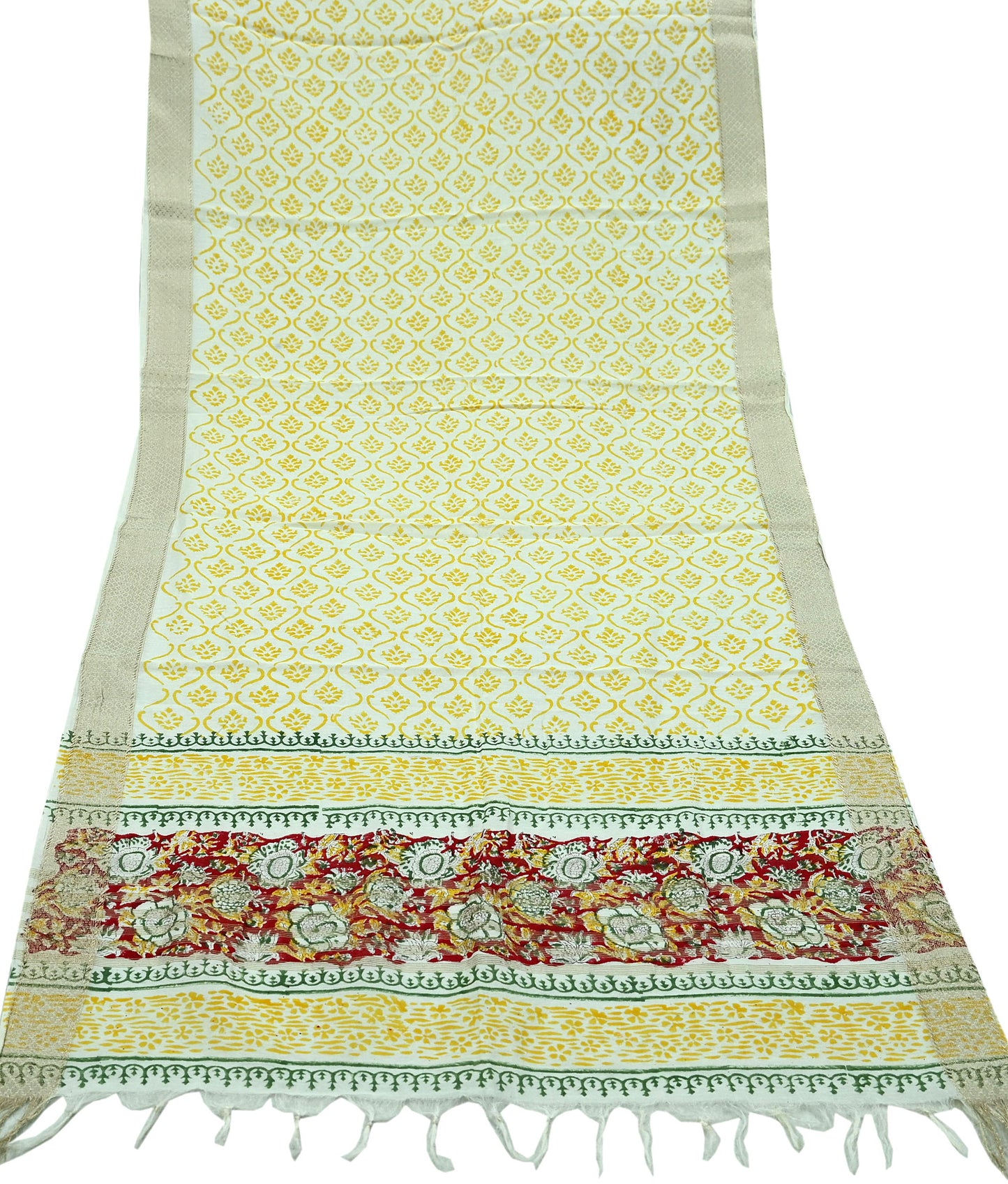 Indian Vintage Dupatta Ivory Long Stole Printed Woven Chanderi Scarf Veil Soft Floral Zari Boho