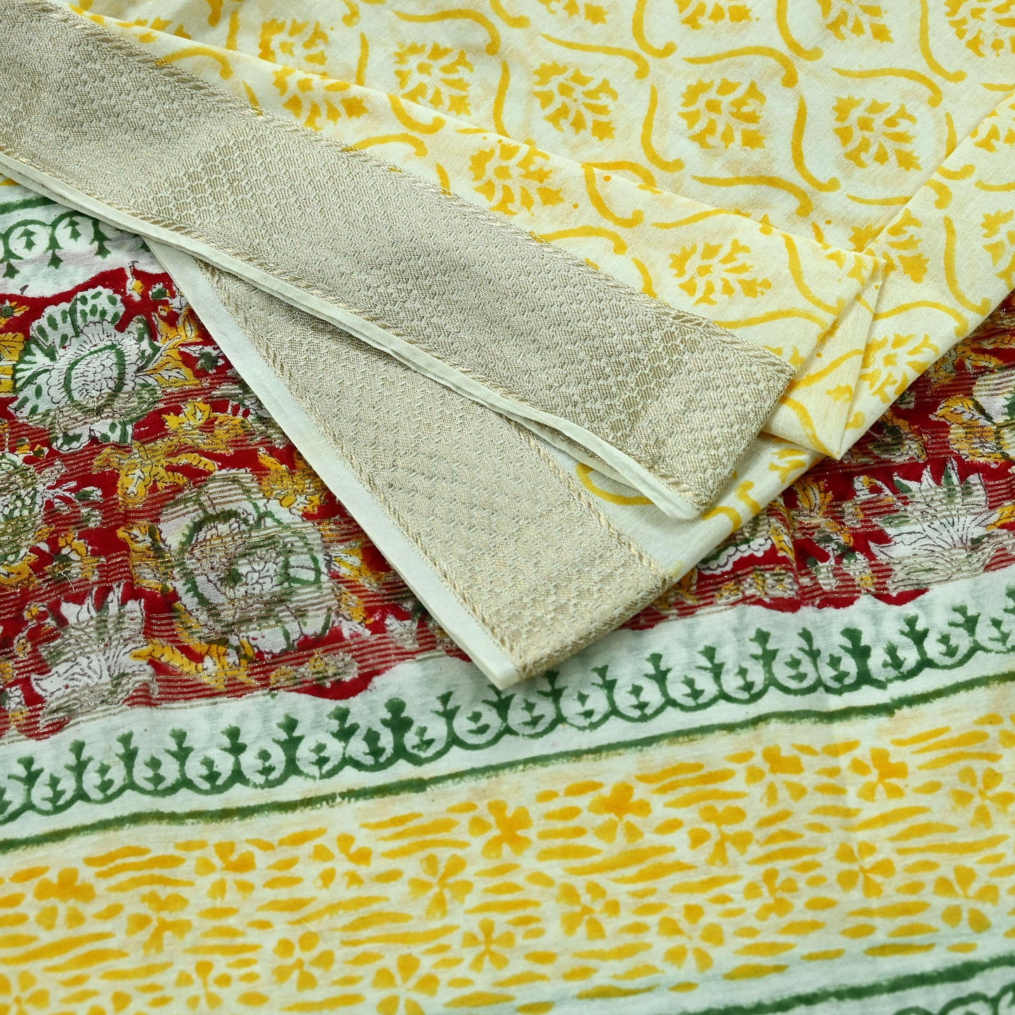 Indian Vintage Dupatta Ivory Long Stole Printed Woven Chanderi Scarf Veil Soft Floral Zari Boho