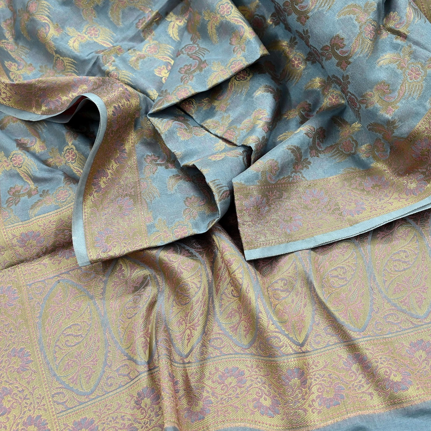 Indian Vintage Dupatta Gray Long Stole Artificial Silk Woven Brocade Scarves Veil Scarf Wrap Hippie Boho Soft Floral