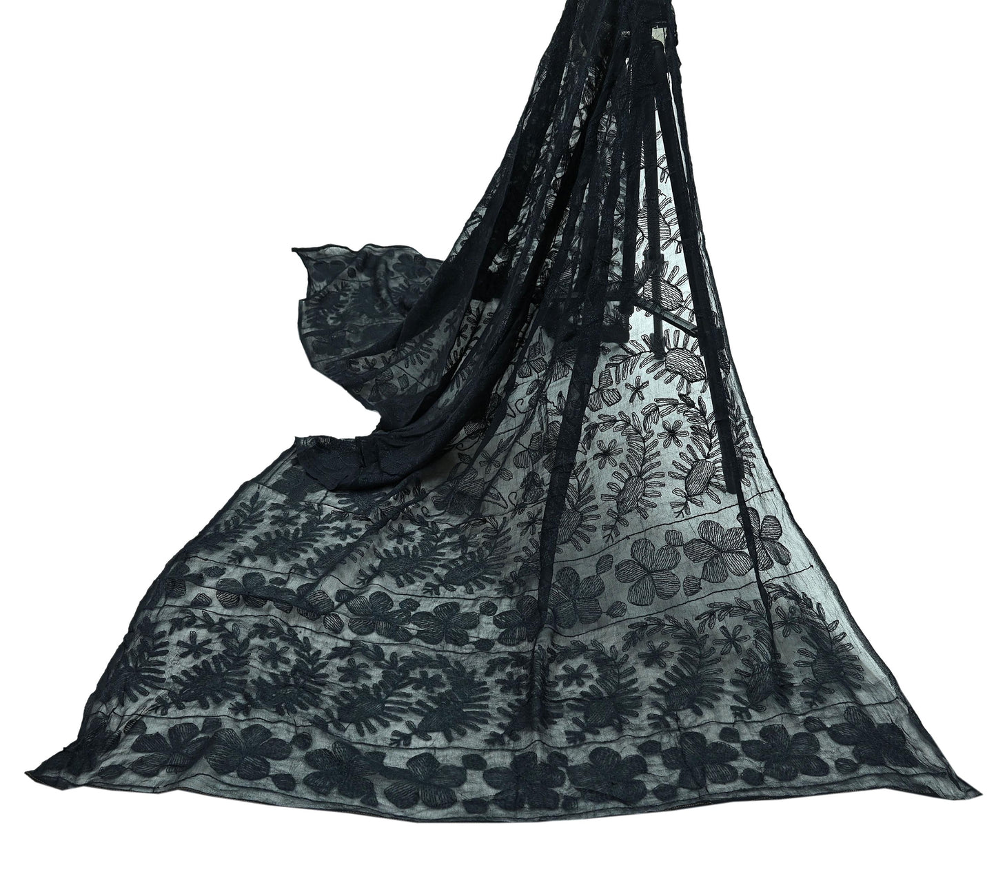 Indian Black Vintage Dupatta Long Stole Hand Embroidered kantha stole Blend Cotton Scarves Veil Wrap Soft Floral
