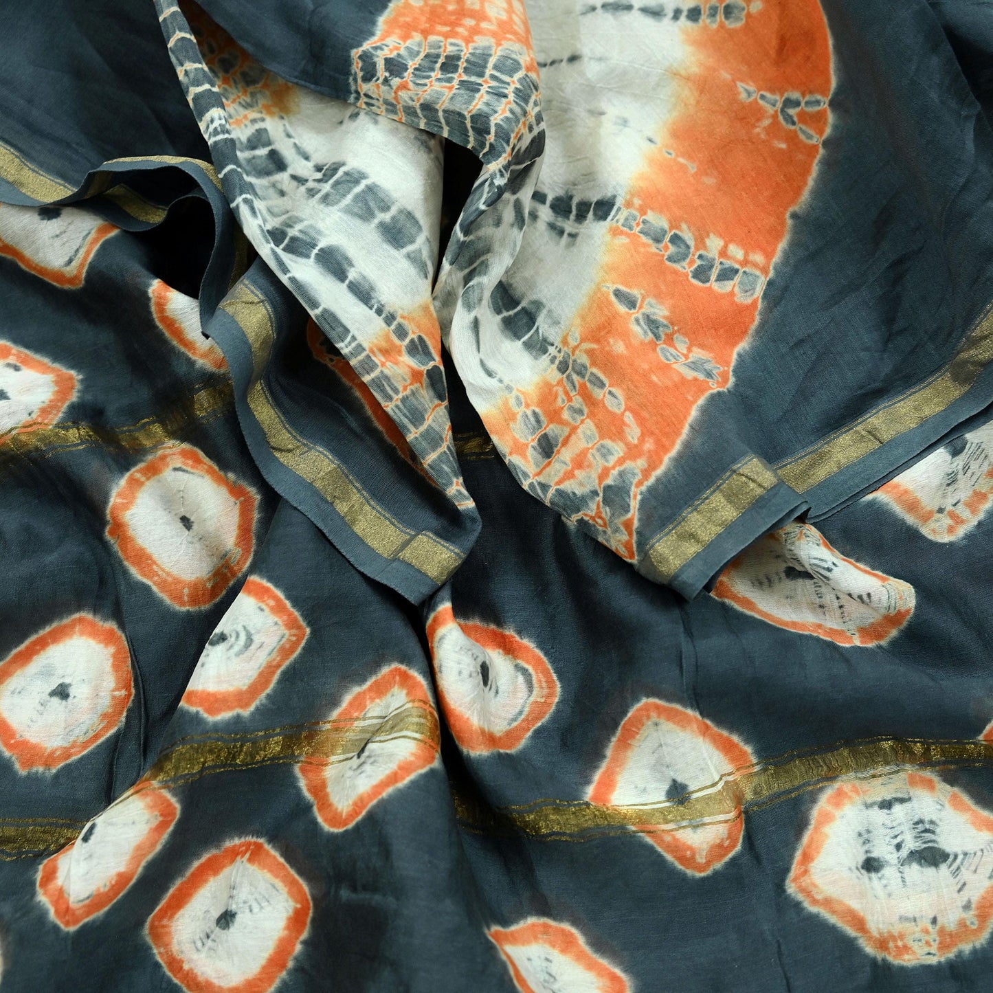 Indian Vintage Gray Dupatta Long Stole Hand Tie-Dye Print Pure Chanderi Silk Scarves Veil Golden Zari