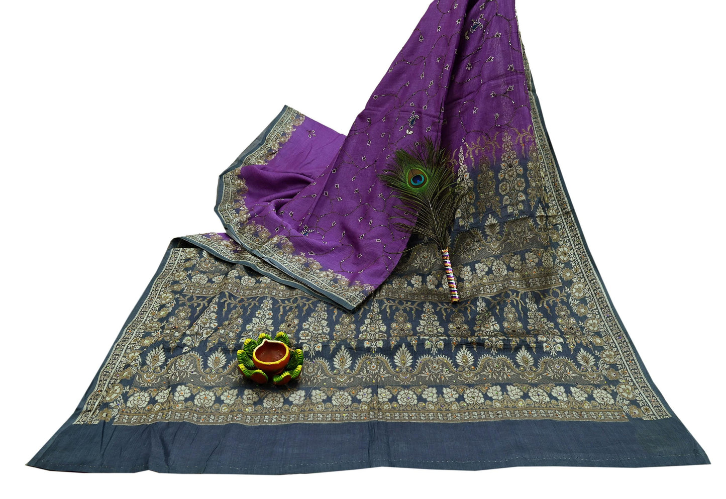 Indian Vintage Sari Purple & Gray Pure Tussar Silk Hand Woven Sarees Craft Fabric 5Yd Sewing Ethnic Dress making Quilting Crafting Upcycle