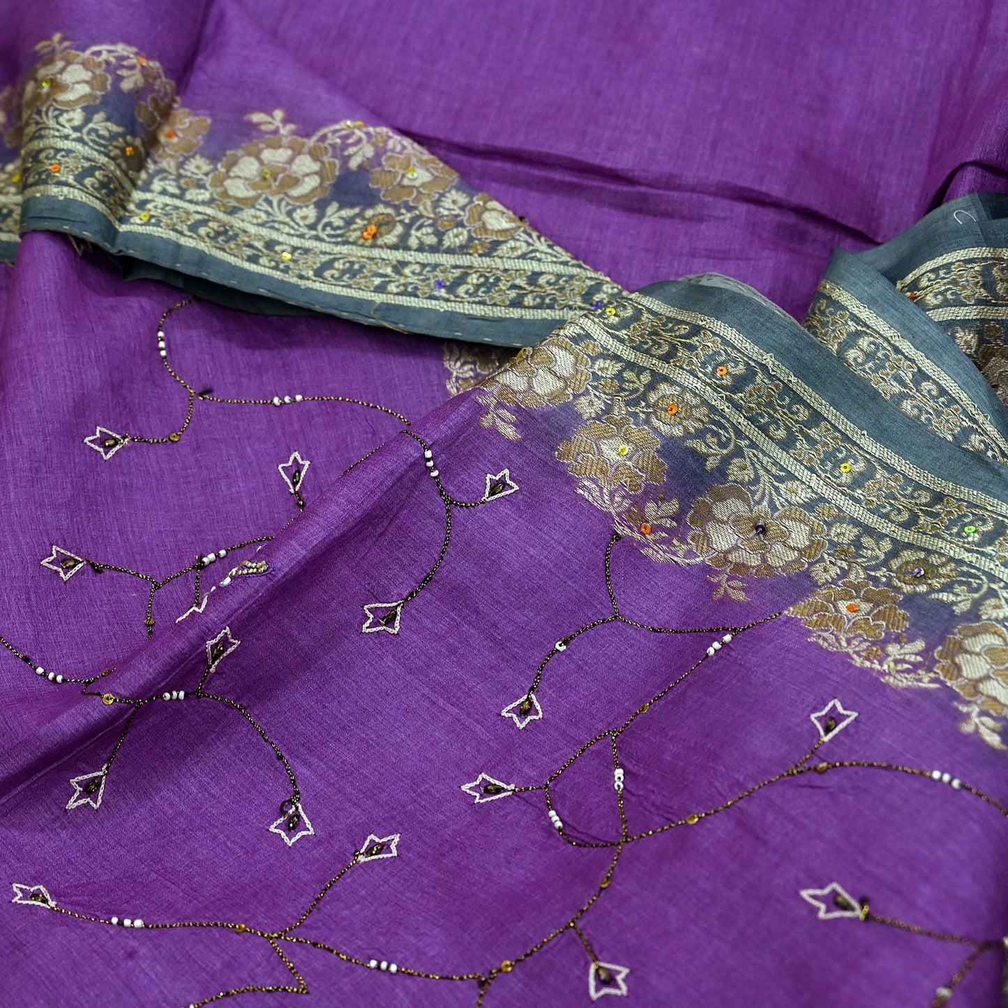 Indian Vintage Sari Purple & Gray Pure Tussar Silk Hand Woven Sarees Craft Fabric 5Yd Sewing Ethnic Dress making Quilting Crafting Upcycle