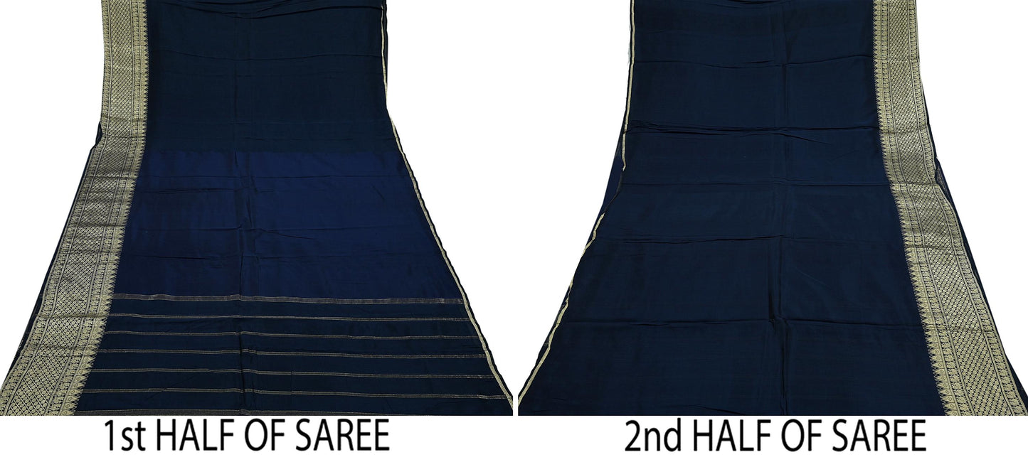 Indian Vintage Sari Deep Blue Mysore Silk Woven Sarees Craft Fabric 5Yd Ethnic South silk Dress Making Crafting Upcycle Quilting Zari Border