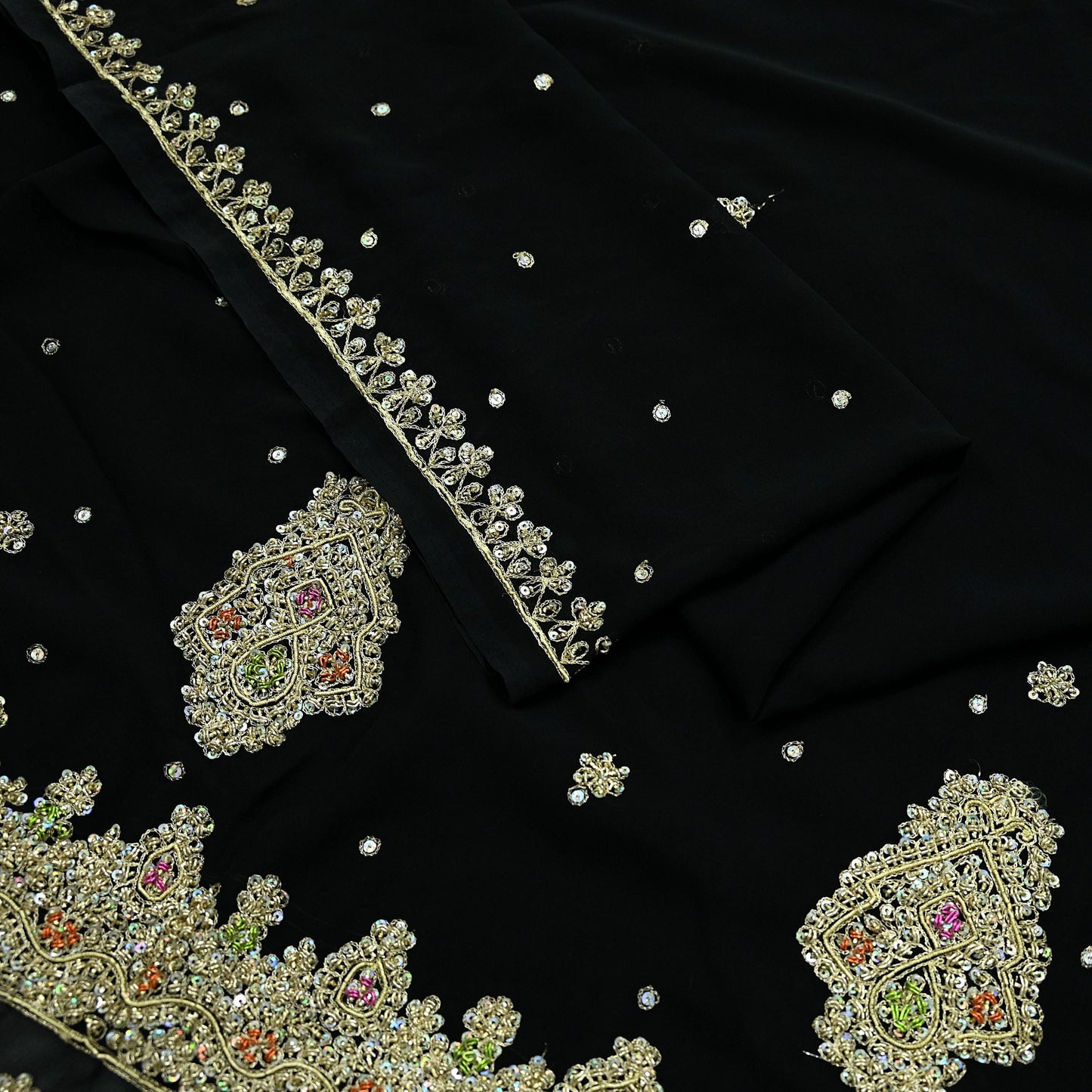 Indian Vintage Black Saree Georgette Hand Embroidered Sari Craft Fabric 5Yd Sewing Soft Ethnic Dress making Crafting Quilting Dabka