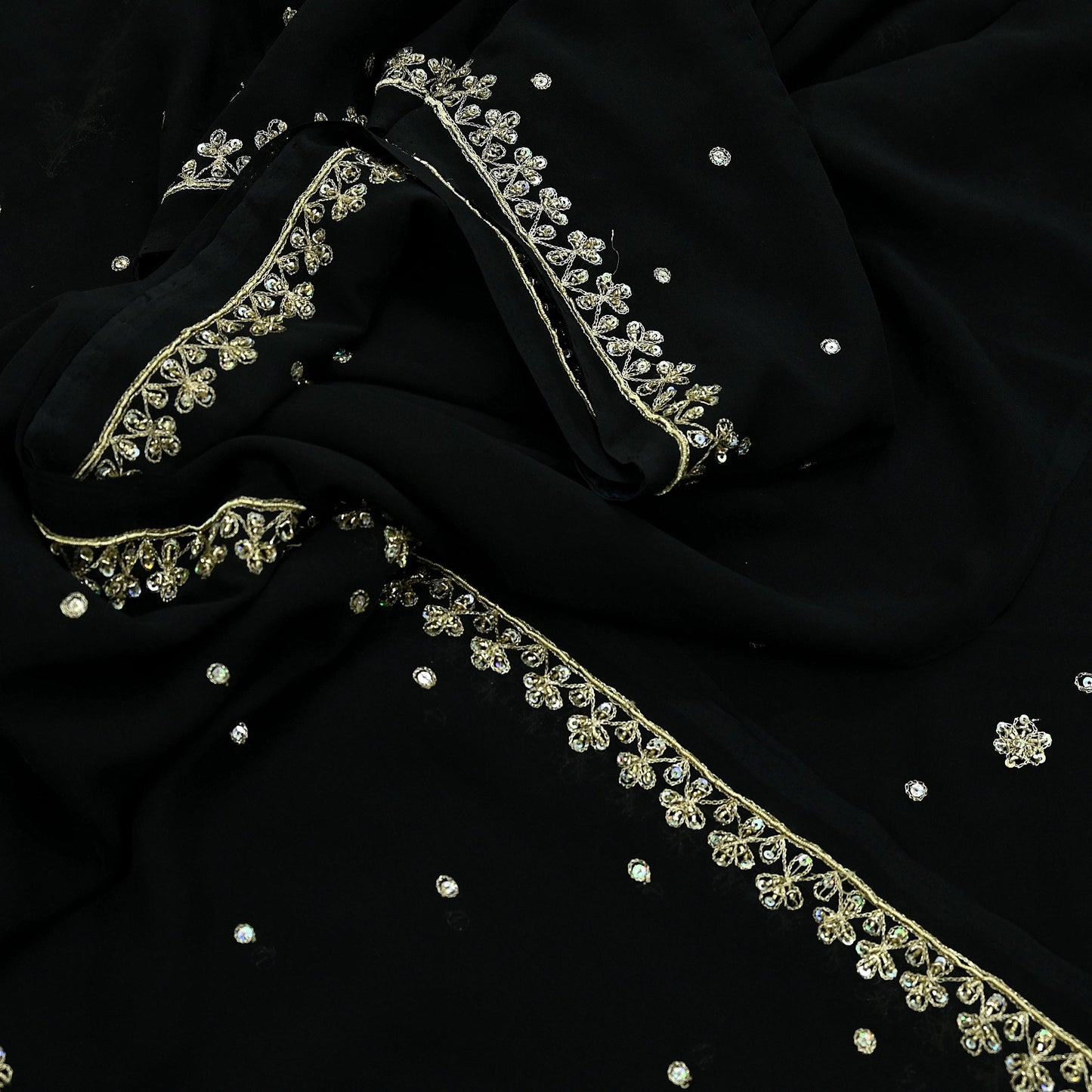 Indian Vintage Black Saree Georgette Hand Embroidered Sari Craft Fabric 5Yd Sewing Soft Ethnic Dress making Crafting Quilting Dabka