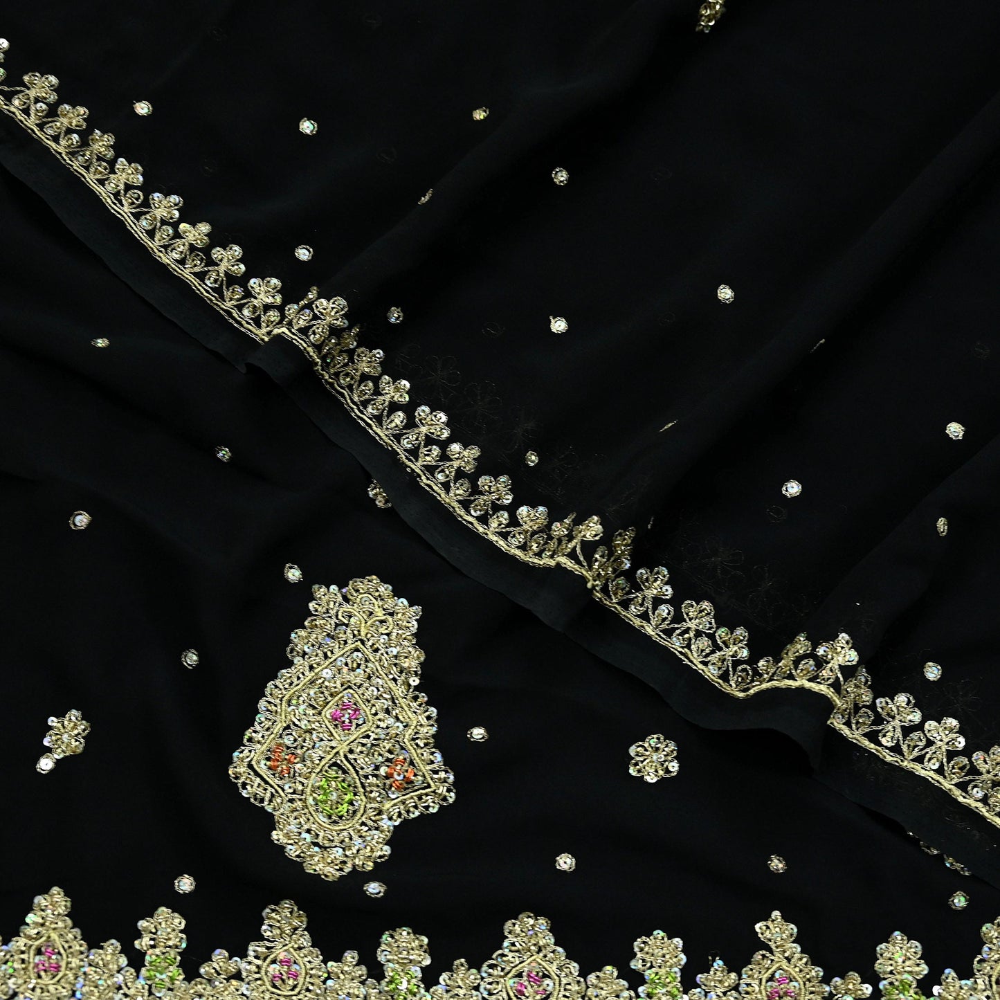 Indian Vintage Black Saree Georgette Hand Embroidered Sari Craft Fabric 5Yd Sewing Soft Ethnic Dress making Crafting Quilting Dabka