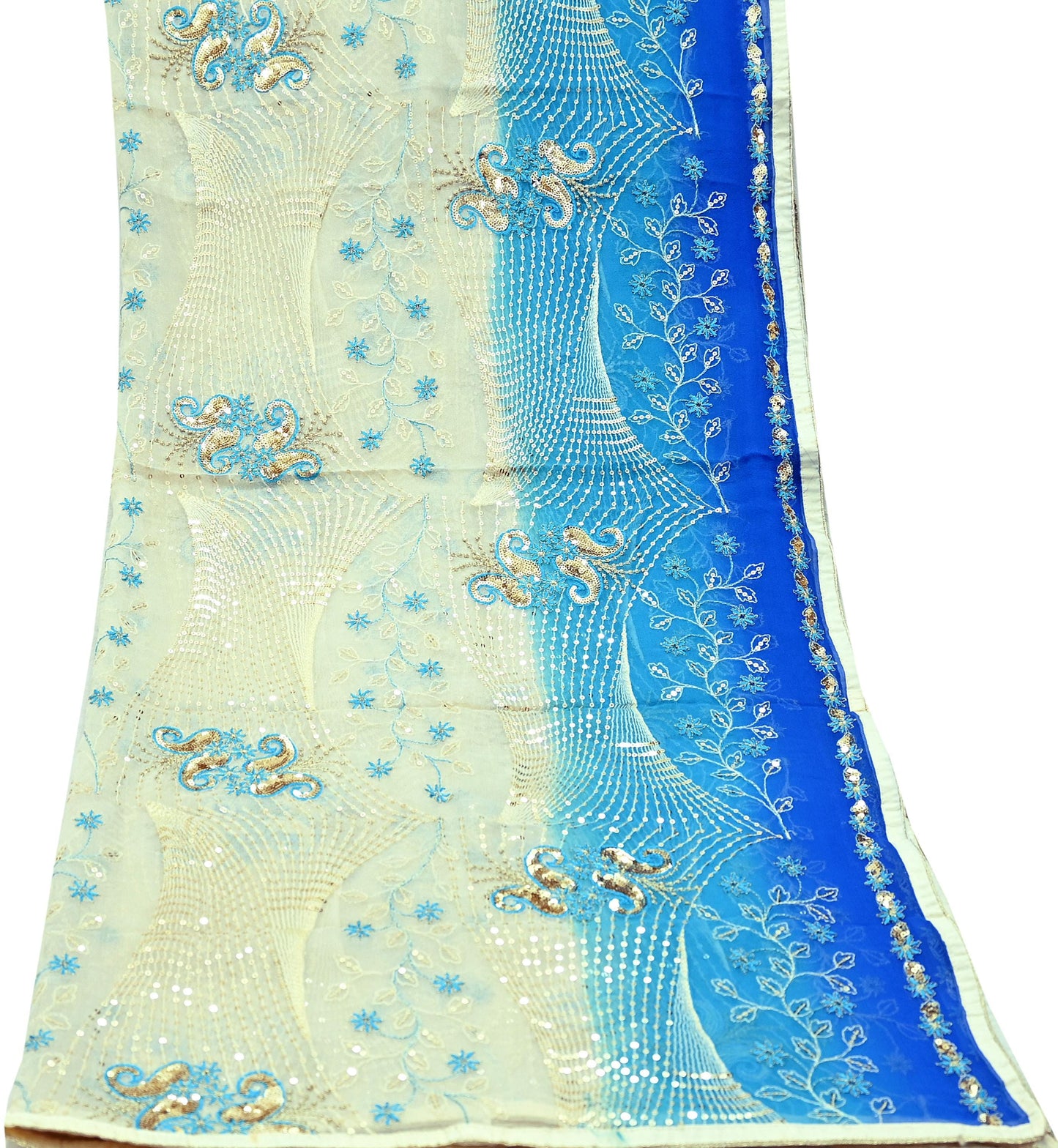 Indian Vintage Dupatta Blue & Ivory Pure Georgette silk Long Stole Embroidered Scarves Stole Veil Wrap Sequins Zari