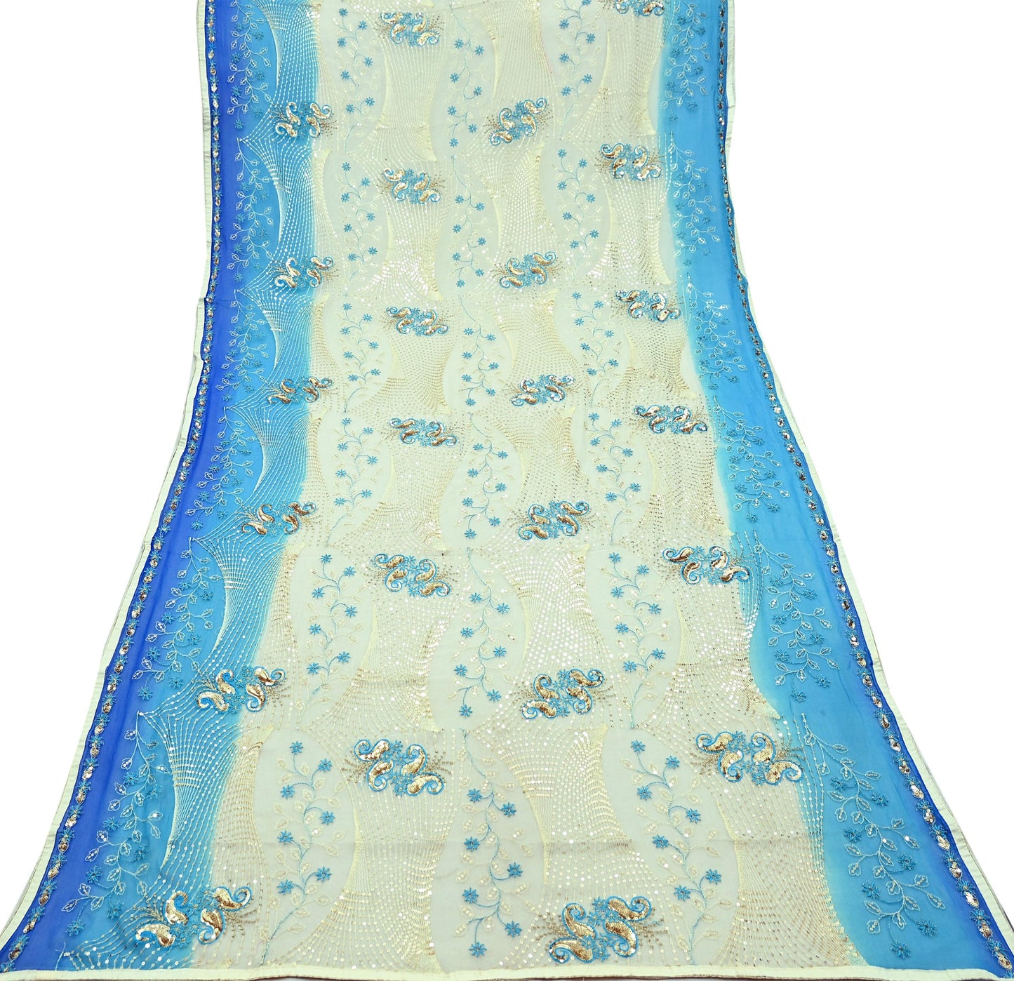 Indian Vintage Dupatta Blue & Ivory Pure Georgette silk Long Stole Embroidered Scarves Stole Veil Wrap Sequins Zari