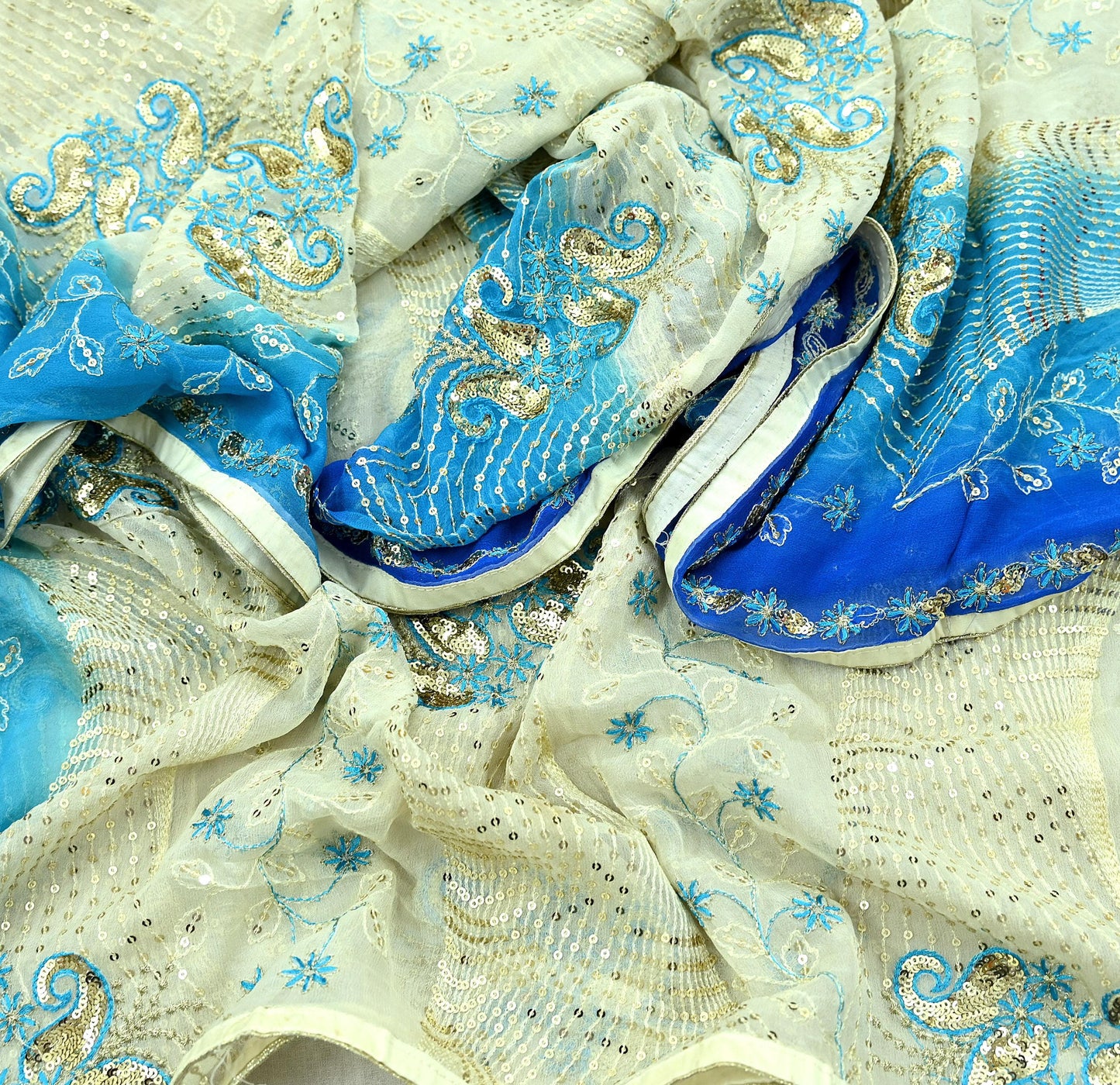 Indian Vintage Dupatta Blue & Ivory Pure Georgette silk Long Stole Embroidered Scarves Stole Veil Wrap Sequins Zari