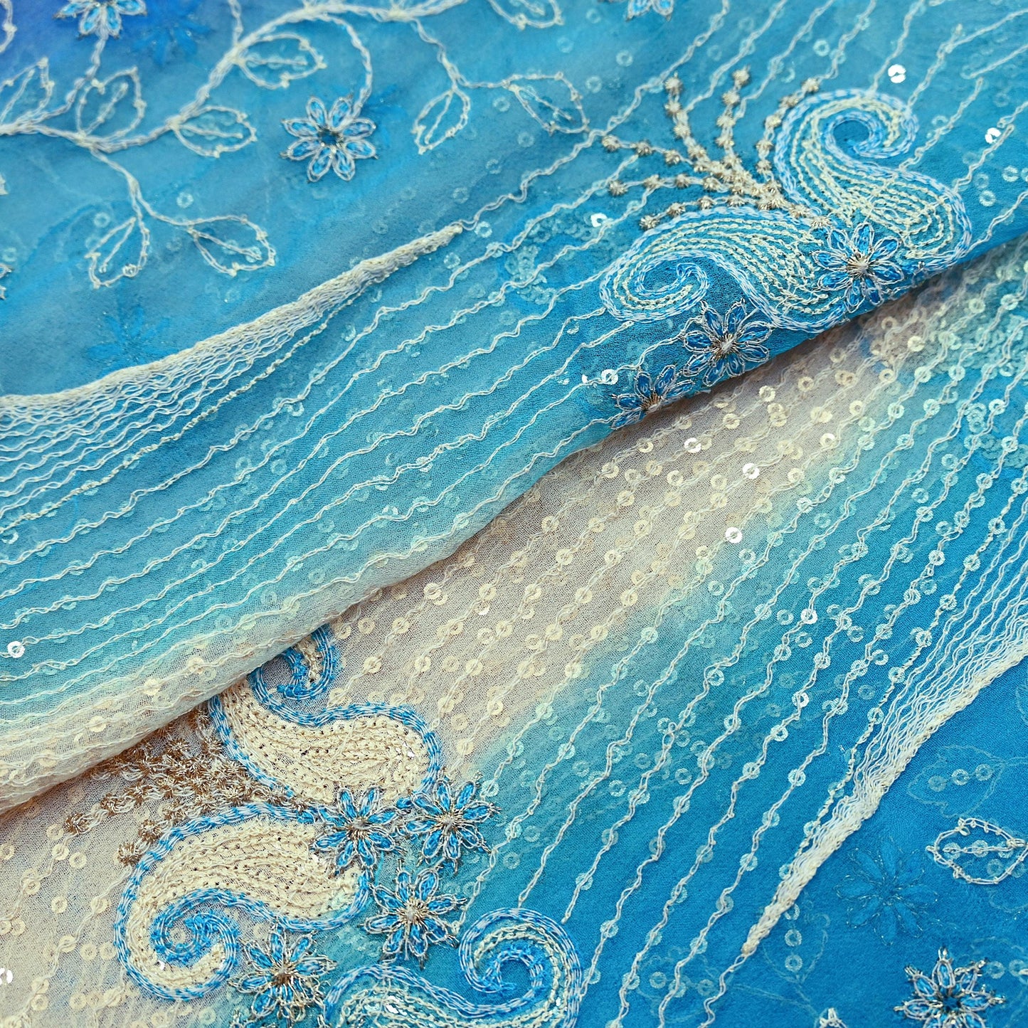 Indian Vintage Dupatta Blue & Ivory Pure Georgette silk Long Stole Embroidered Scarves Stole Veil Wrap Sequins Zari