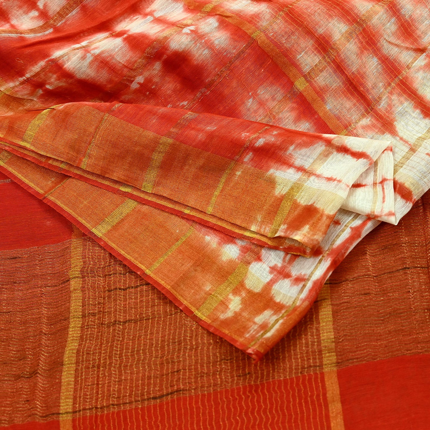 Indian Vintage Dupatta Orange & White Long Stole Hand Tie-Dye Pure Chanderi Silk Scarves Veil Zari Soft Fringes Scarf Wrap Boho