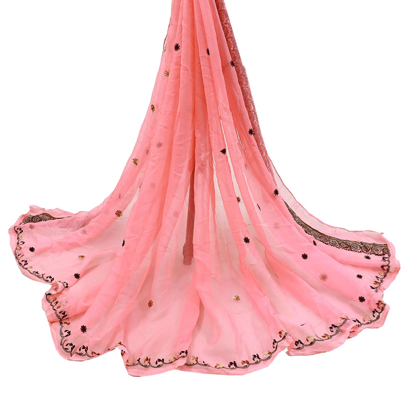 Indian Vintage Peach Dupatta Pure Chiffon silk Long Stole Hand Embroidered Scarves Floral Design Stole Veil Wrap Zari Zardozi